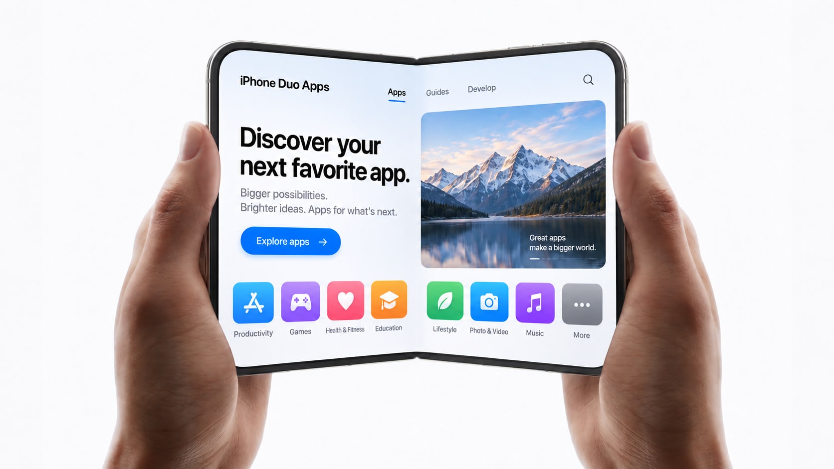 An opening iPhone Duo showing an illustrative app directory and eight app categories